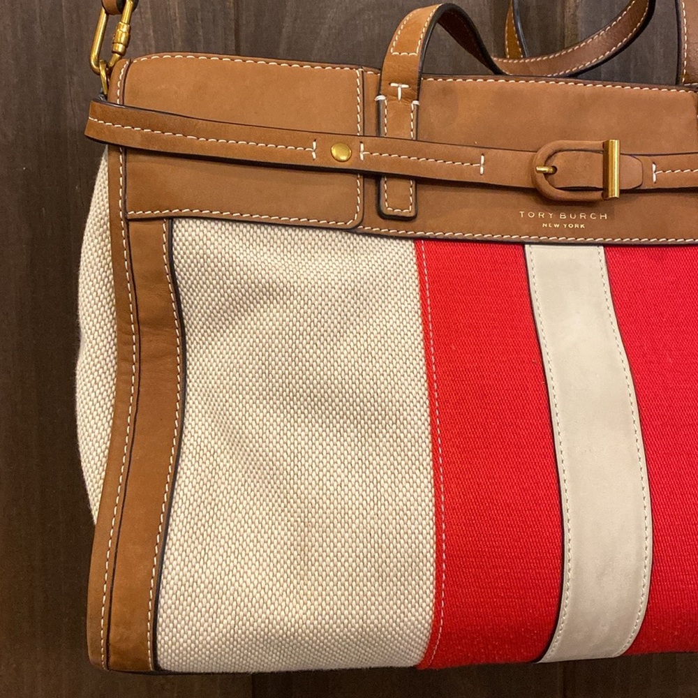 Tory Burch Canvas & Suede Center Stripe Satchel in Natural New Ivory Nut - Picture 3 of 16